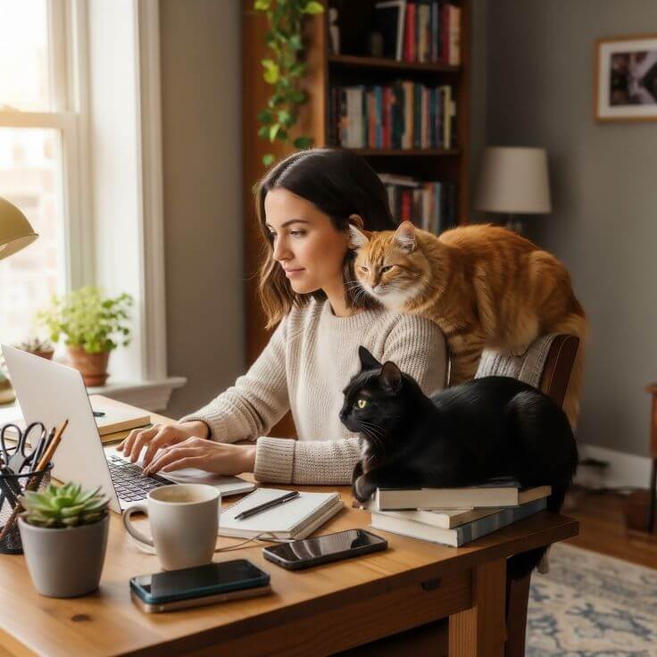 Девушка за рабочим столом с ноутбуком и двумя котами