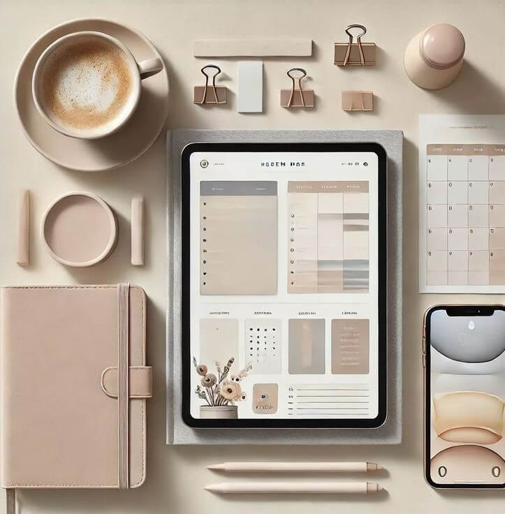 Рабочий стол с монитором, упорядоченными папками и канцелярией